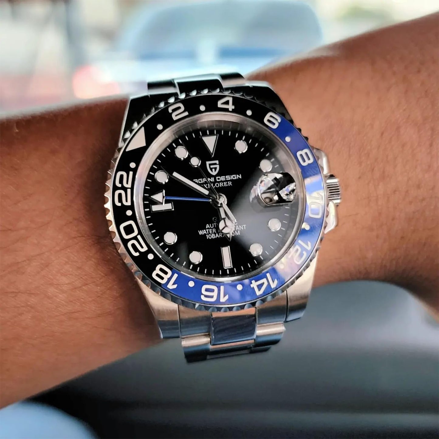 Pagani Design GMT Orologio da Uomo Orologio Meccanico Automatico Acciaio Inossidabile Impermeabile 100M, Data, Luminoso, Lunetta in Ceramica, Vetro Zaffiro Orologi da Polso