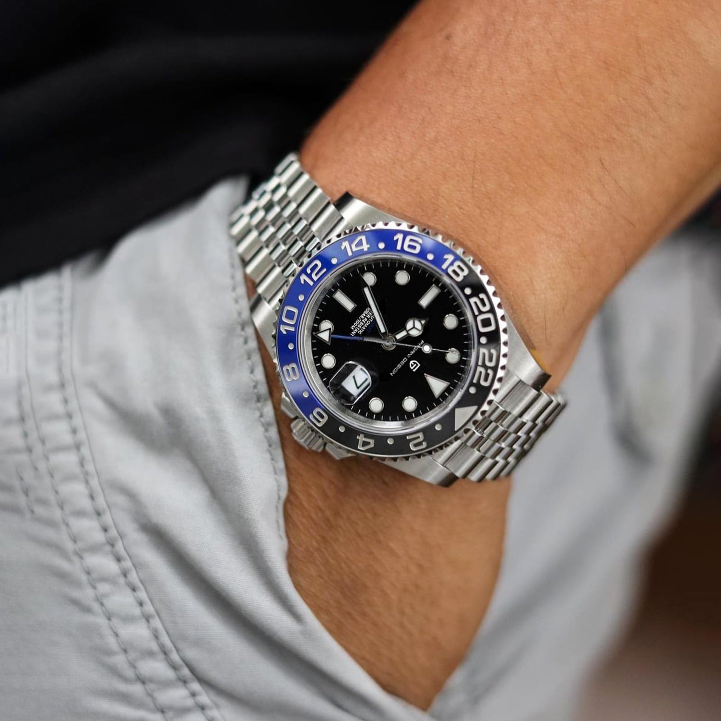 Pagani Design GMT Orologio da Uomo Orologio Meccanico Automatico Acciaio Inossidabile Impermeabile 100M, Data, Luminoso, Lunetta in Ceramica, Vetro Zaffiro Orologi da Polso