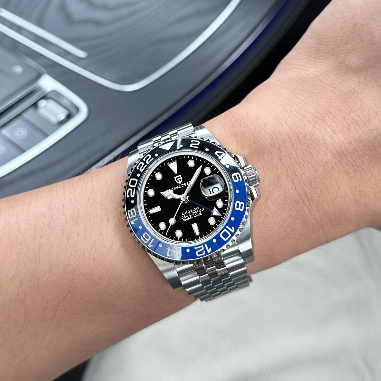 Pagani Design GMT Orologio da Uomo Orologio Meccanico Automatico Acciaio Inossidabile Impermeabile 100M, Data, Luminoso, Lunetta in Ceramica, Vetro Zaffiro Orologi da Polso