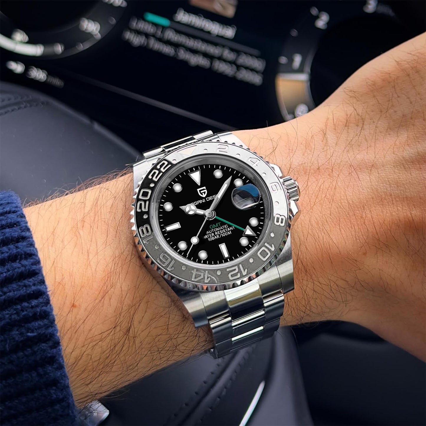 Pagani Design GMT Orologio da Uomo Orologio Meccanico Automatico Acciaio Inossidabile Impermeabile 100M, Data, Luminoso, Lunetta in Ceramica, Vetro Zaffiro Orologi da Polso