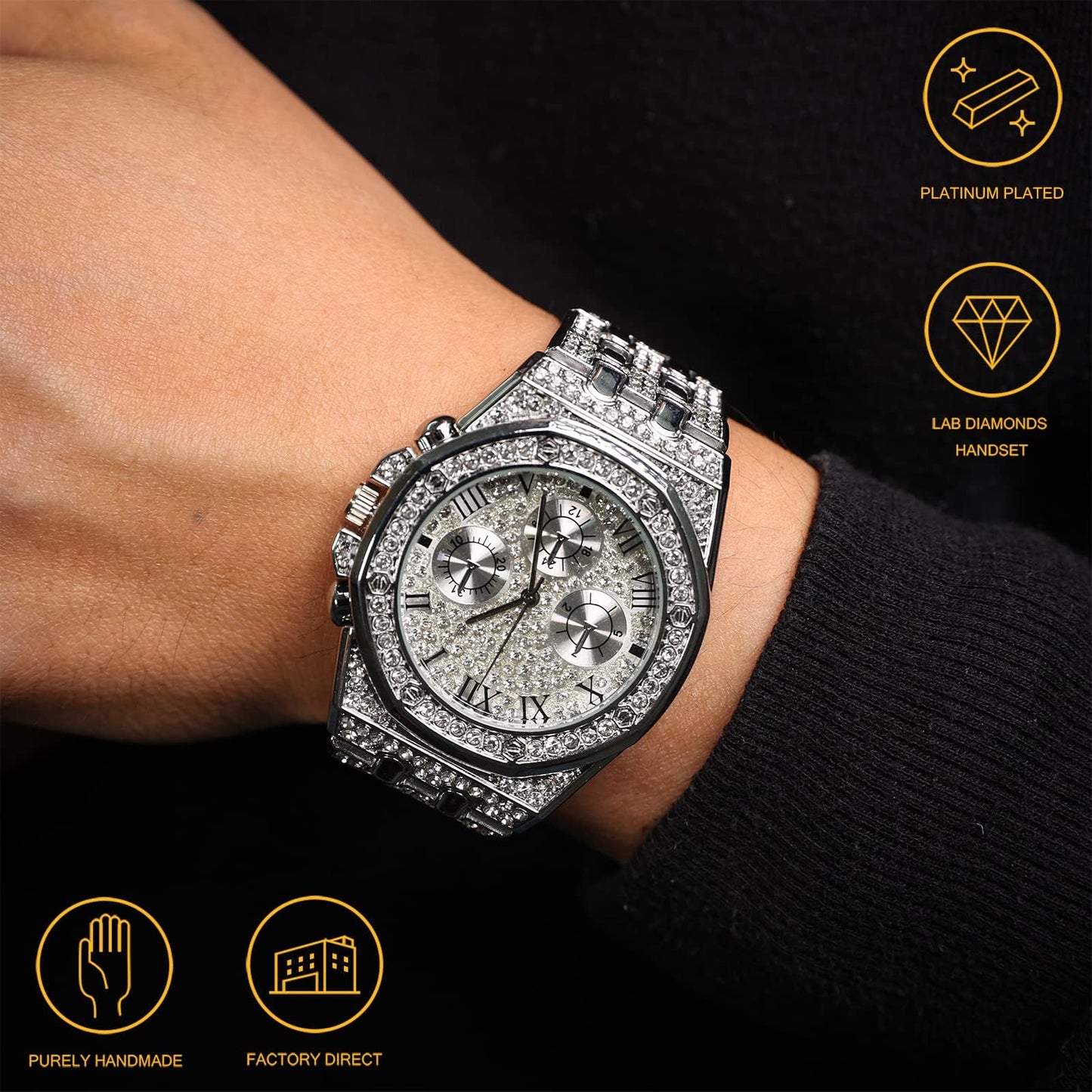 HALUKAKAH Diamonds Gold Watch, Men's 18K Real Gold Plated/White Gold Platinum 40 mm Wide Roman Numerals Dial Quartz Strap 22 cm with Cuban Link Chain 20+45 cm Necklace Bracelet with Box