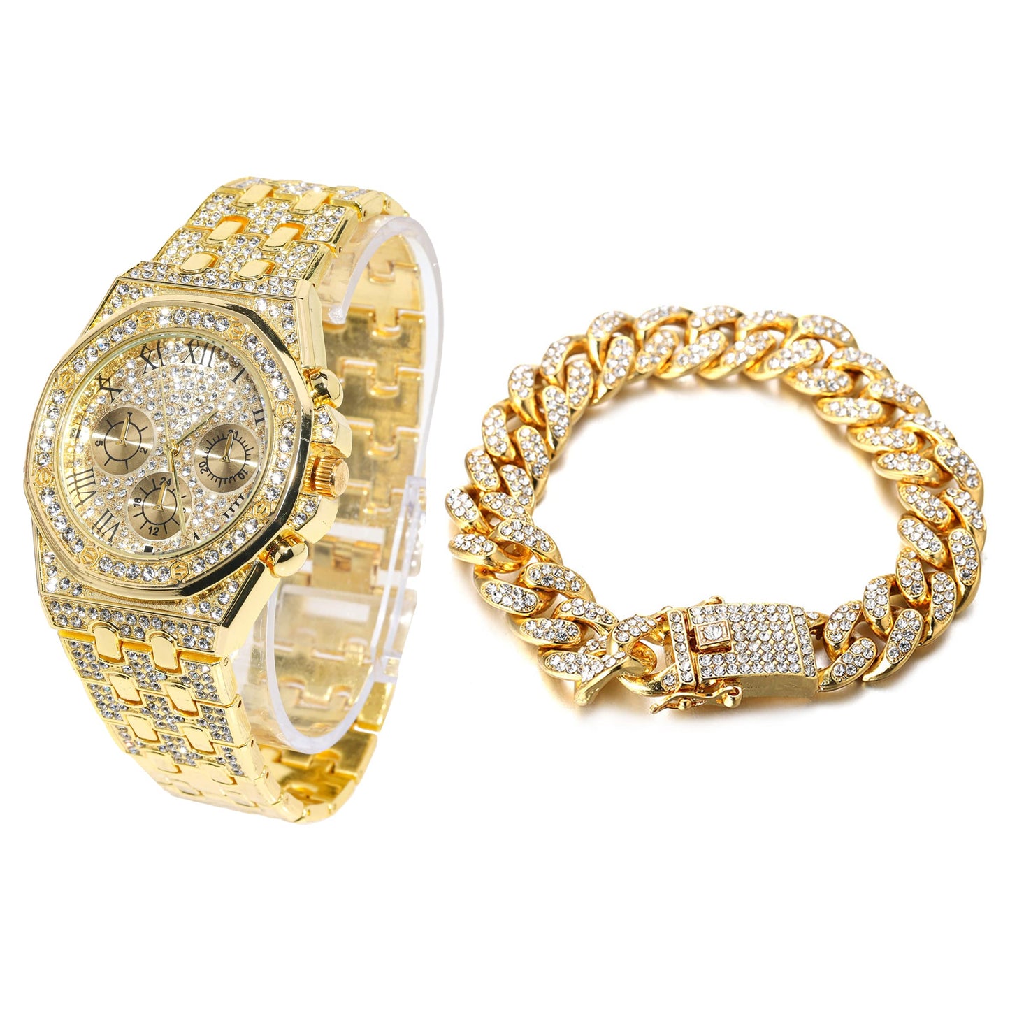 HALUKAKAH Diamonds Gold Watch, Men's 18K Real Gold Plated/White Gold Platinum 40 mm Wide Roman Numerals Dial Quartz Strap 22 cm with Cuban Link Chain 20+45 cm Necklace Bracelet with Box