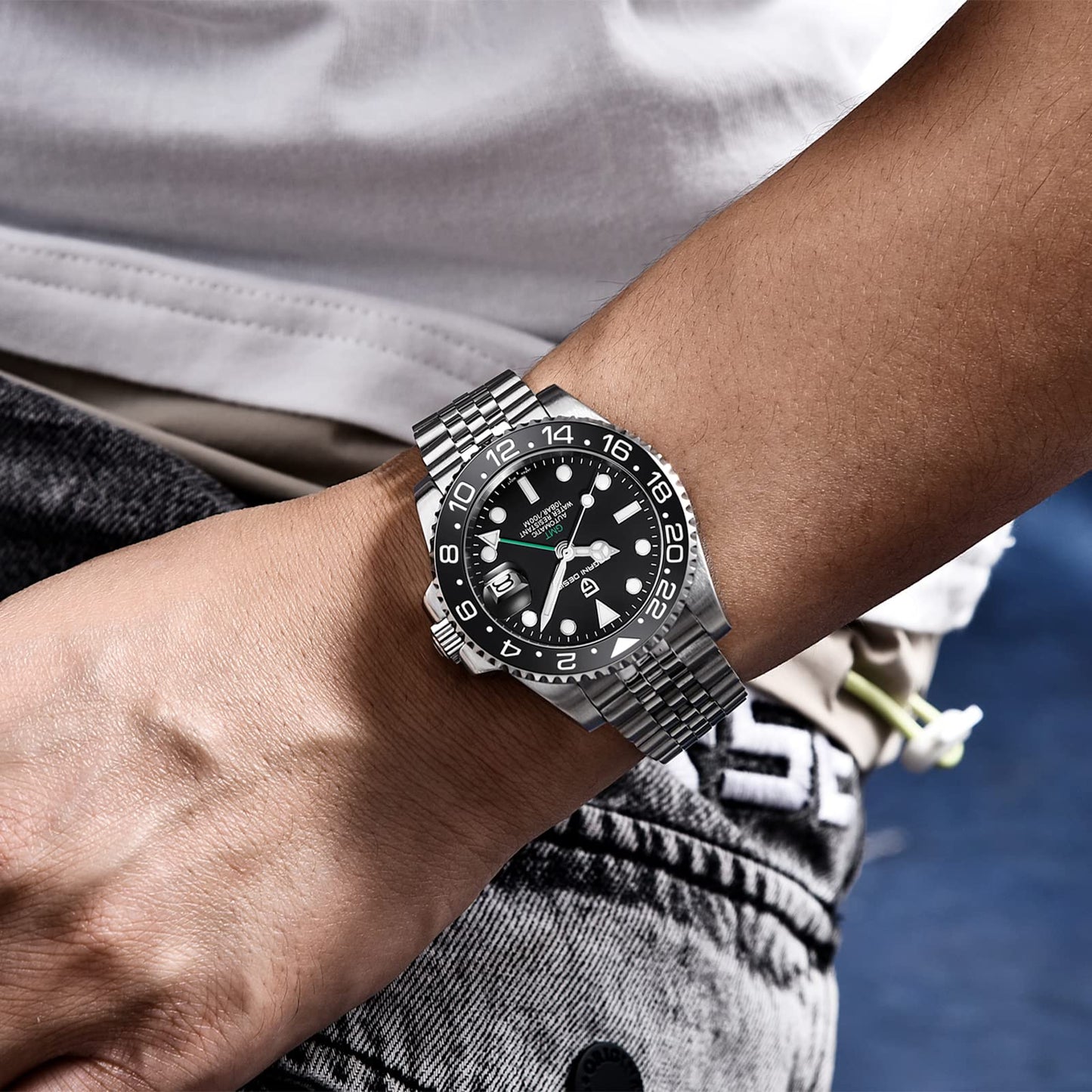 Pagani Design GMT Orologio da Uomo Orologio Meccanico Automatico Acciaio Inossidabile Impermeabile 100M, Data, Luminoso, Lunetta in Ceramica, Vetro Zaffiro Orologi da Polso