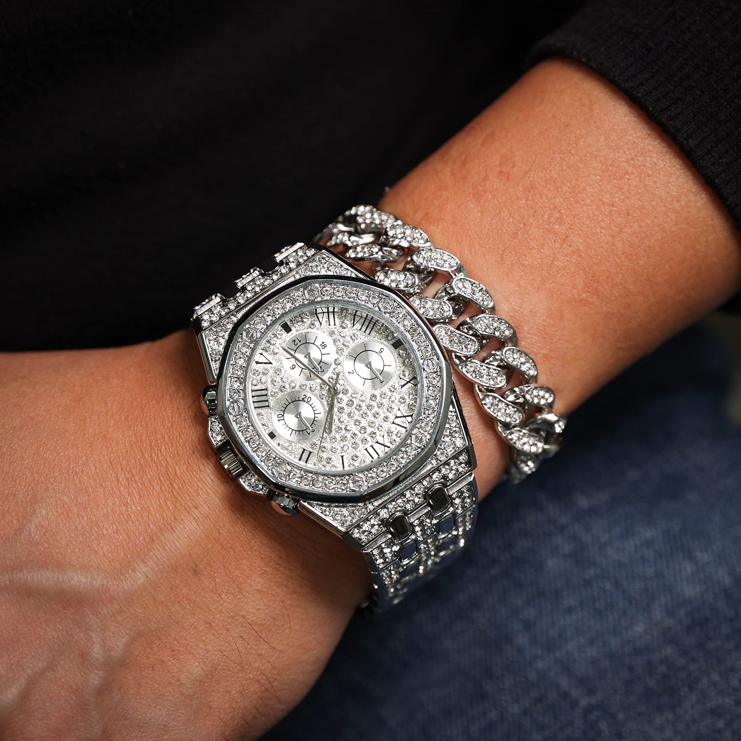 HALUKAKAH Diamonds Gold Watch, Men's 18K Real Gold Plated/White Gold Platinum 40 mm Wide Roman Numerals Dial Quartz Strap 22 cm with Cuban Link Chain 20+45 cm Necklace Bracelet with Box