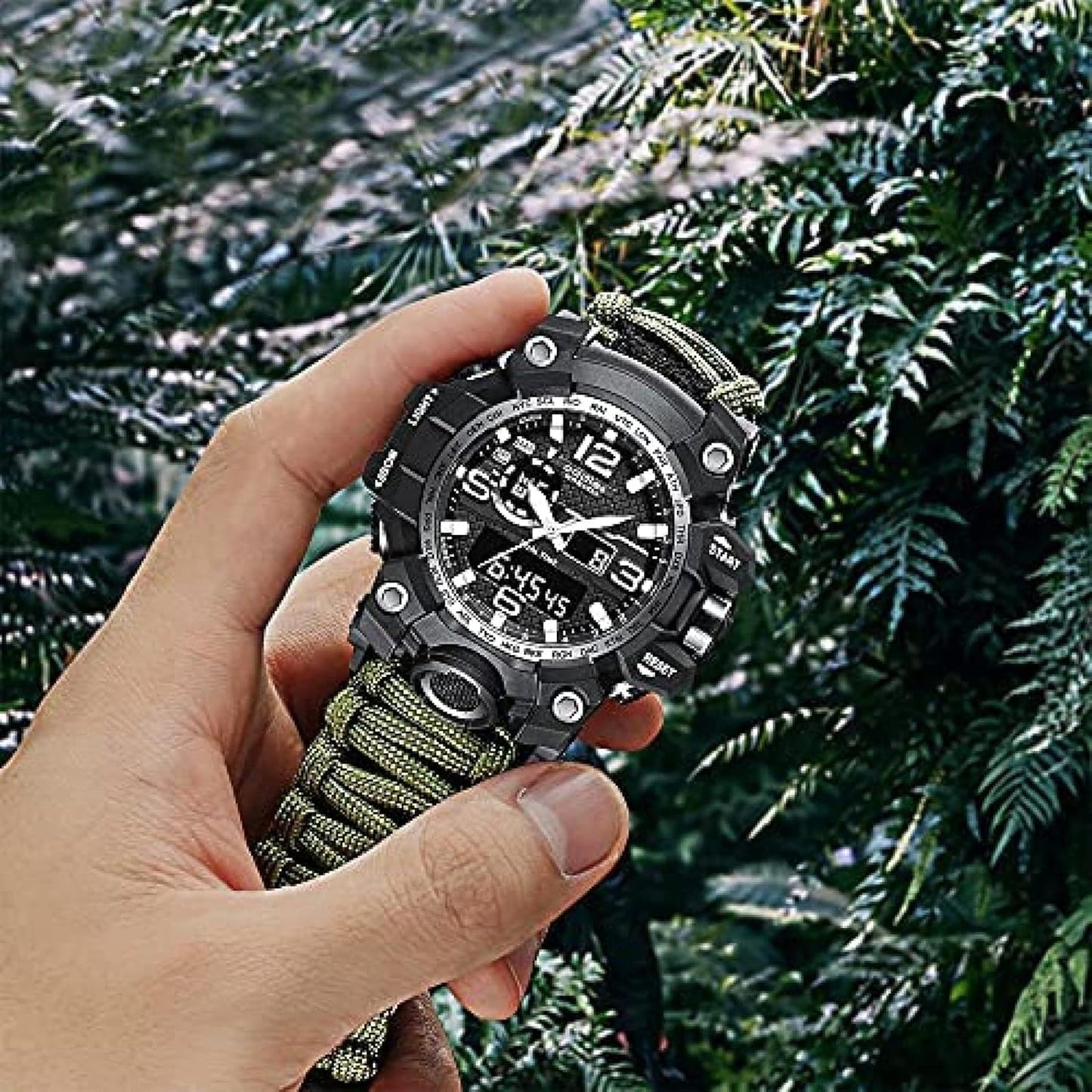 Orologio analogico militare, fischio esterno impermeabile luminoso da uomo bussola orologio da arrampicata multifunzione con cavo per ombrello, cronometro orario a doppio display