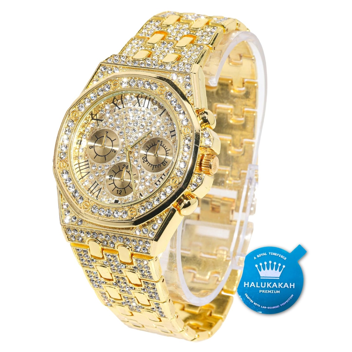 HALUKAKAH Diamonds Gold Watch, Men's 18K Real Gold Plated/White Gold Platinum 40 mm Wide Roman Numerals Dial Quartz Strap 22 cm with Cuban Link Chain 20+45 cm Necklace Bracelet with Box