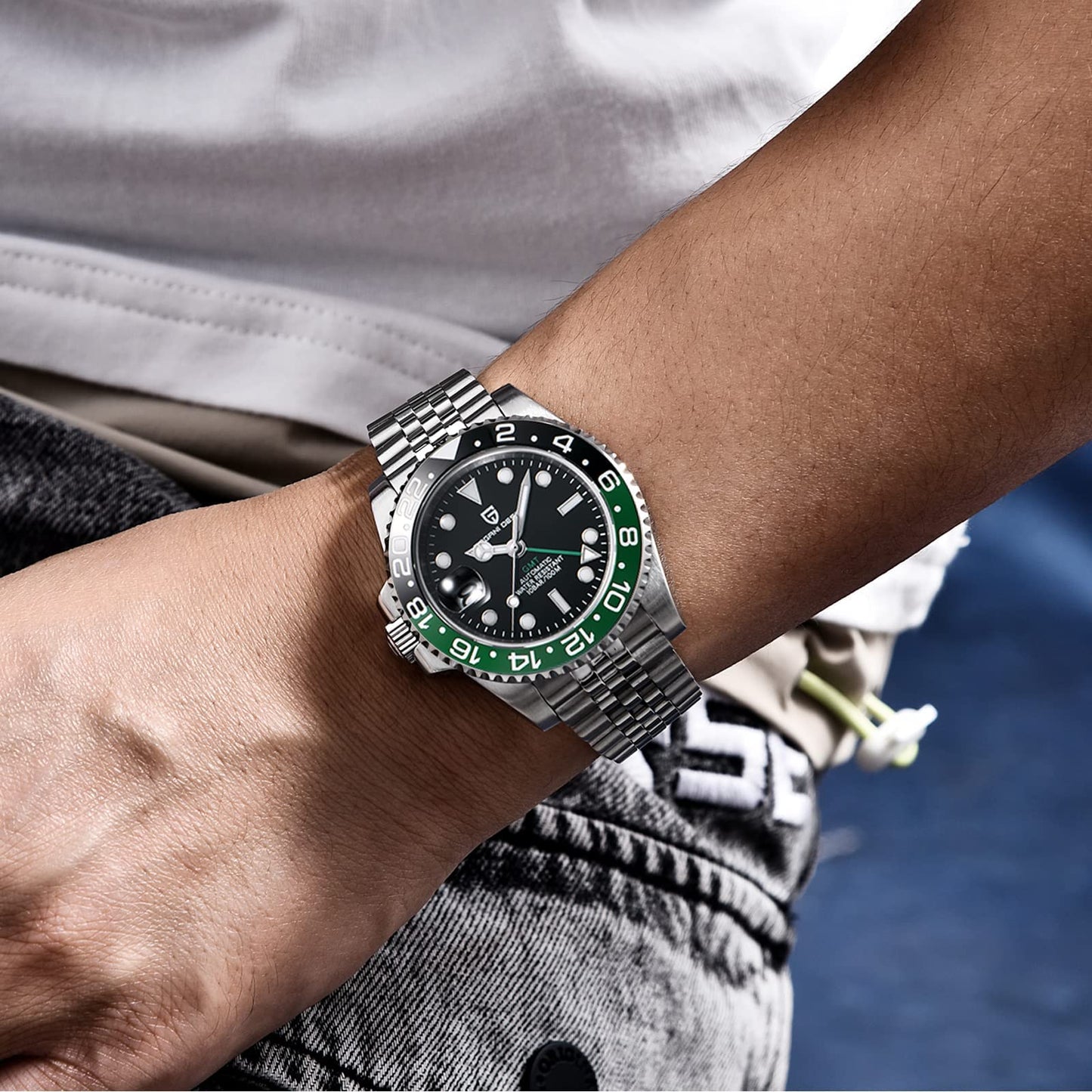 Pagani Design GMT Orologio da Uomo Orologio Meccanico Automatico Acciaio Inossidabile Impermeabile 100M, Data, Luminoso, Lunetta in Ceramica, Vetro Zaffiro Orologi da Polso