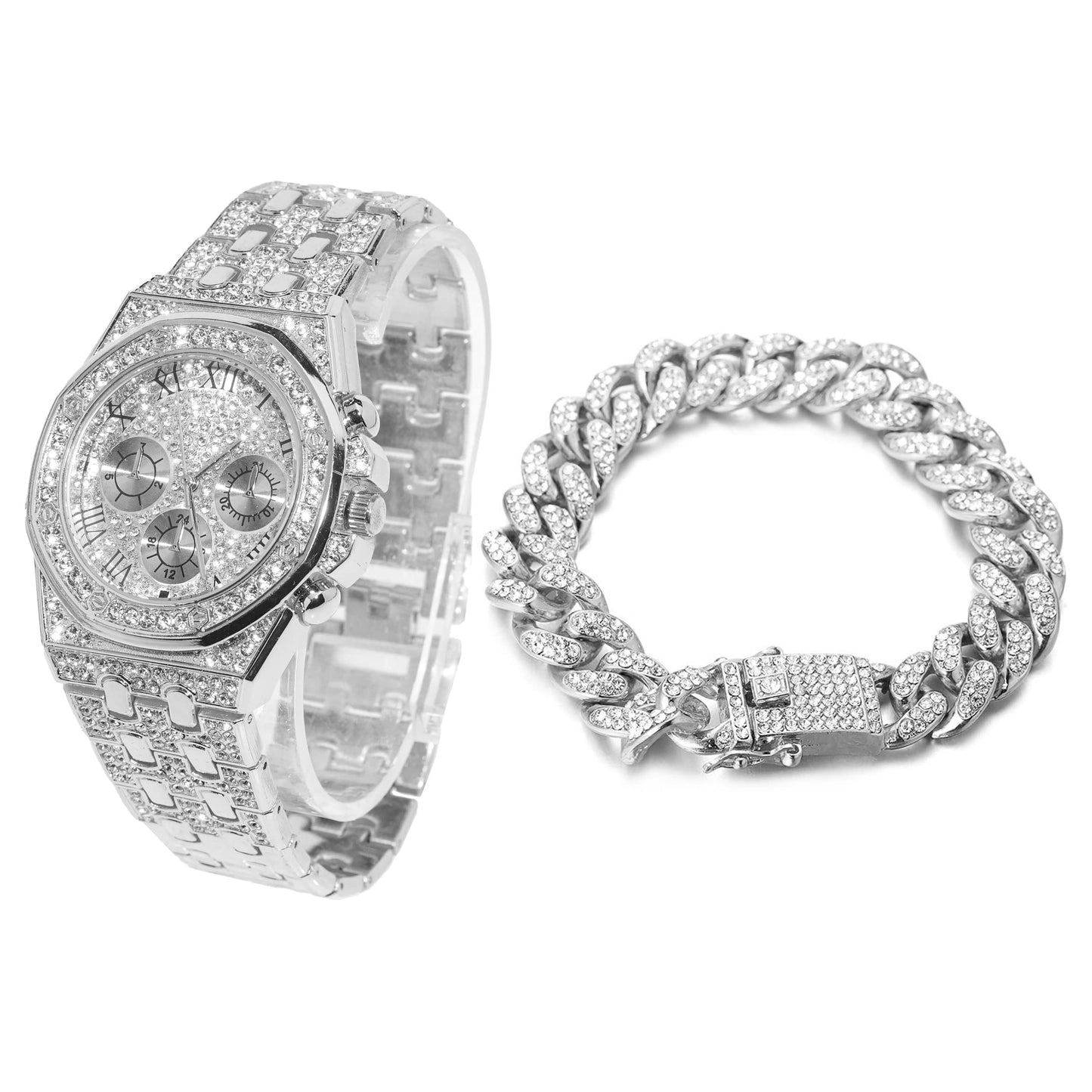 HALUKAKAH Diamonds Gold Watch, Men's 18K Real Gold Plated/White Gold Platinum 40 mm Wide Roman Numerals Dial Quartz Strap 22 cm with Cuban Link Chain 20+45 cm Necklace Bracelet with Box