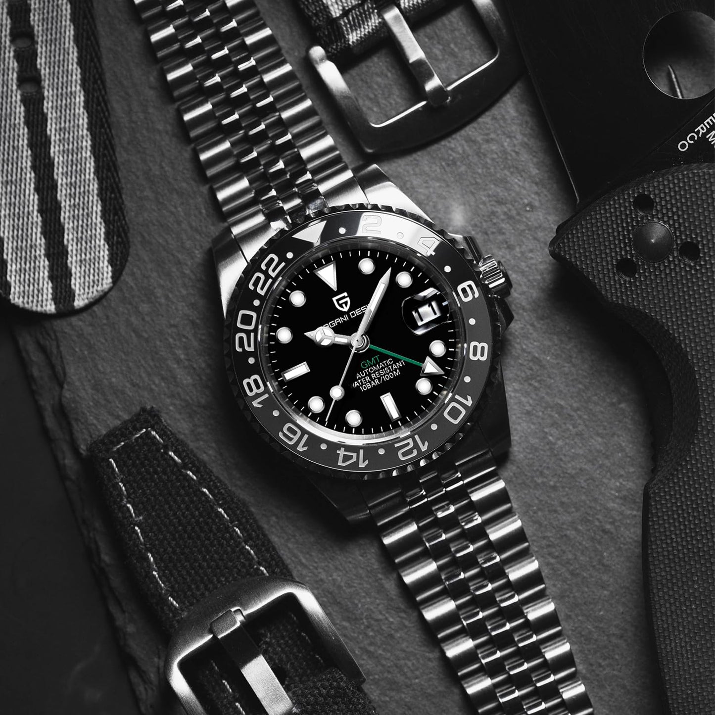 Pagani Design GMT Orologio da Uomo Orologio Meccanico Automatico Acciaio Inossidabile Impermeabile 100M, Data, Luminoso, Lunetta in Ceramica, Vetro Zaffiro Orologi da Polso