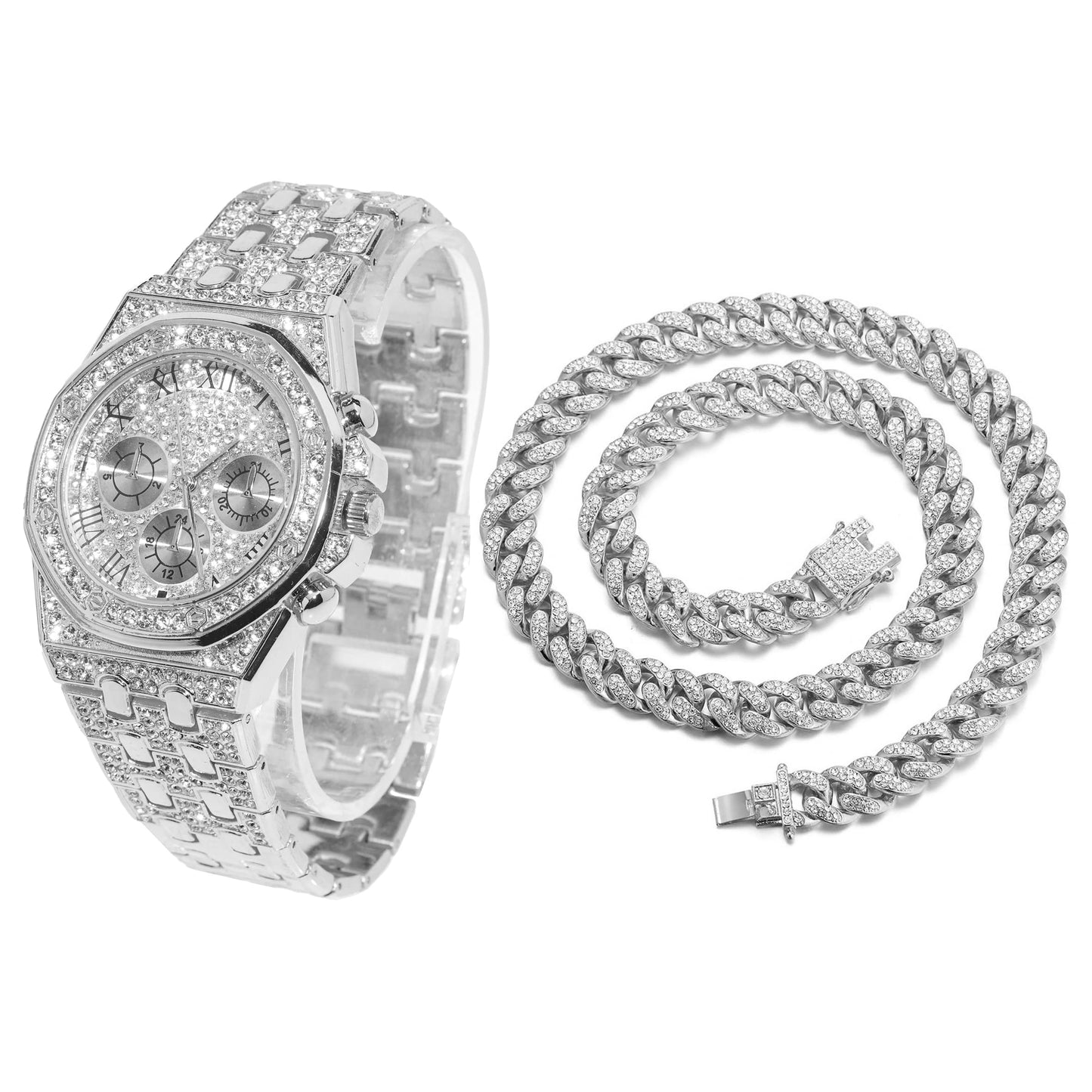 HALUKAKAH Diamonds Gold Watch, Men's 18K Real Gold Plated/White Gold Platinum 40 mm Wide Roman Numerals Dial Quartz Strap 22 cm with Cuban Link Chain 20+45 cm Necklace Bracelet with Box
