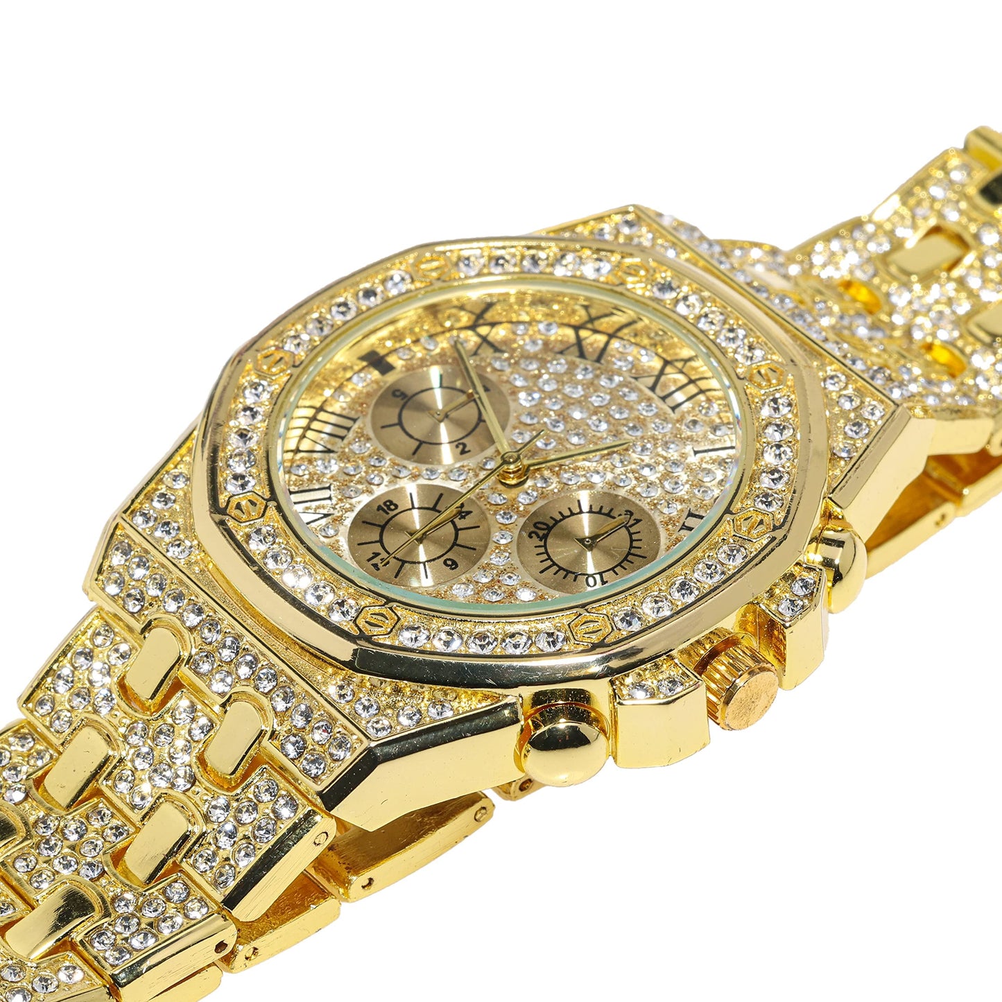 HALUKAKAH Diamonds Gold Watch, Men's 18K Real Gold Plated/White Gold Platinum 40 mm Wide Roman Numerals Dial Quartz Strap 22 cm with Cuban Link Chain 20+45 cm Necklace Bracelet with Box