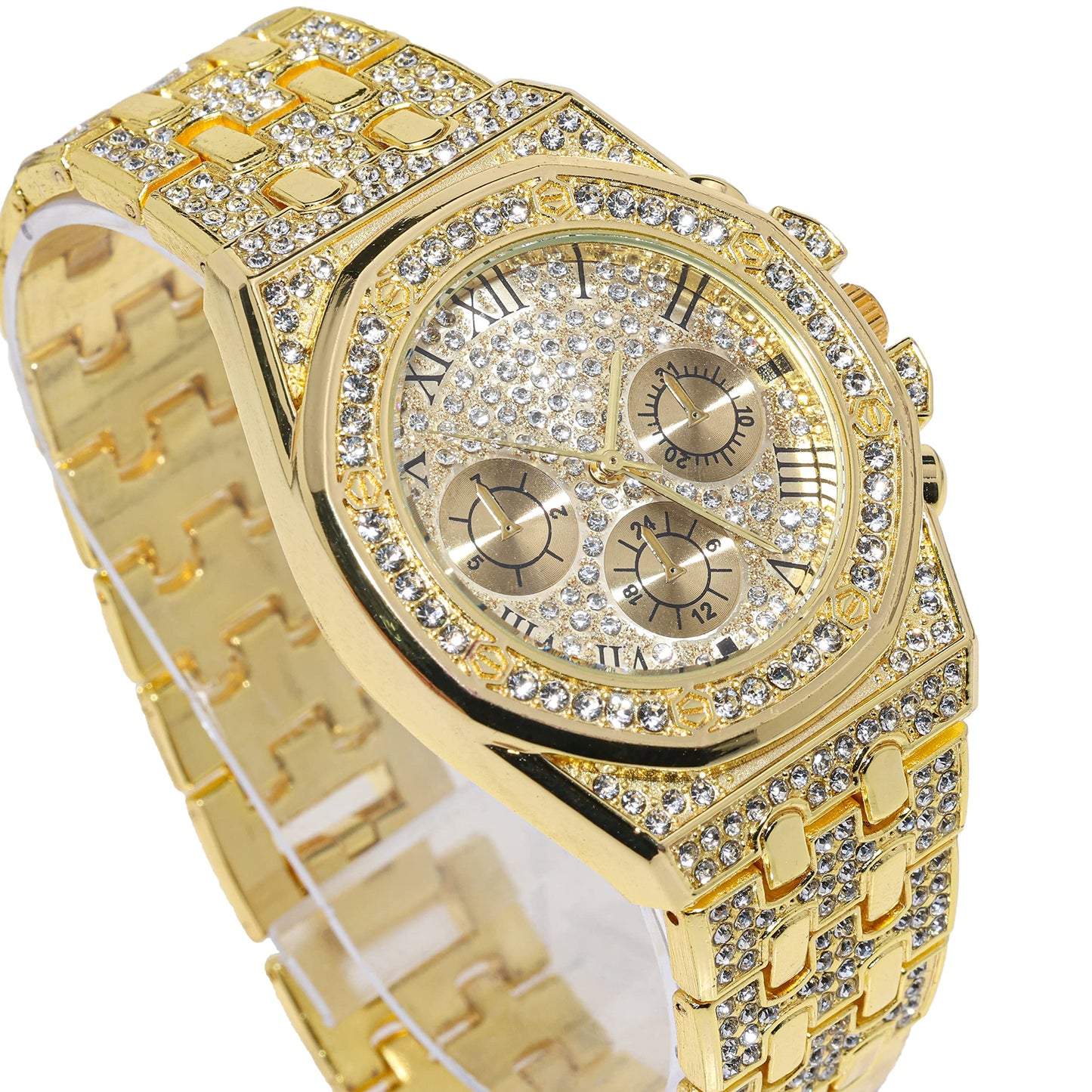 HALUKAKAH Diamonds Gold Watch, Men's 18K Real Gold Plated/White Gold Platinum 40 mm Wide Roman Numerals Dial Quartz Strap 22 cm with Cuban Link Chain 20+45 cm Necklace Bracelet with Box