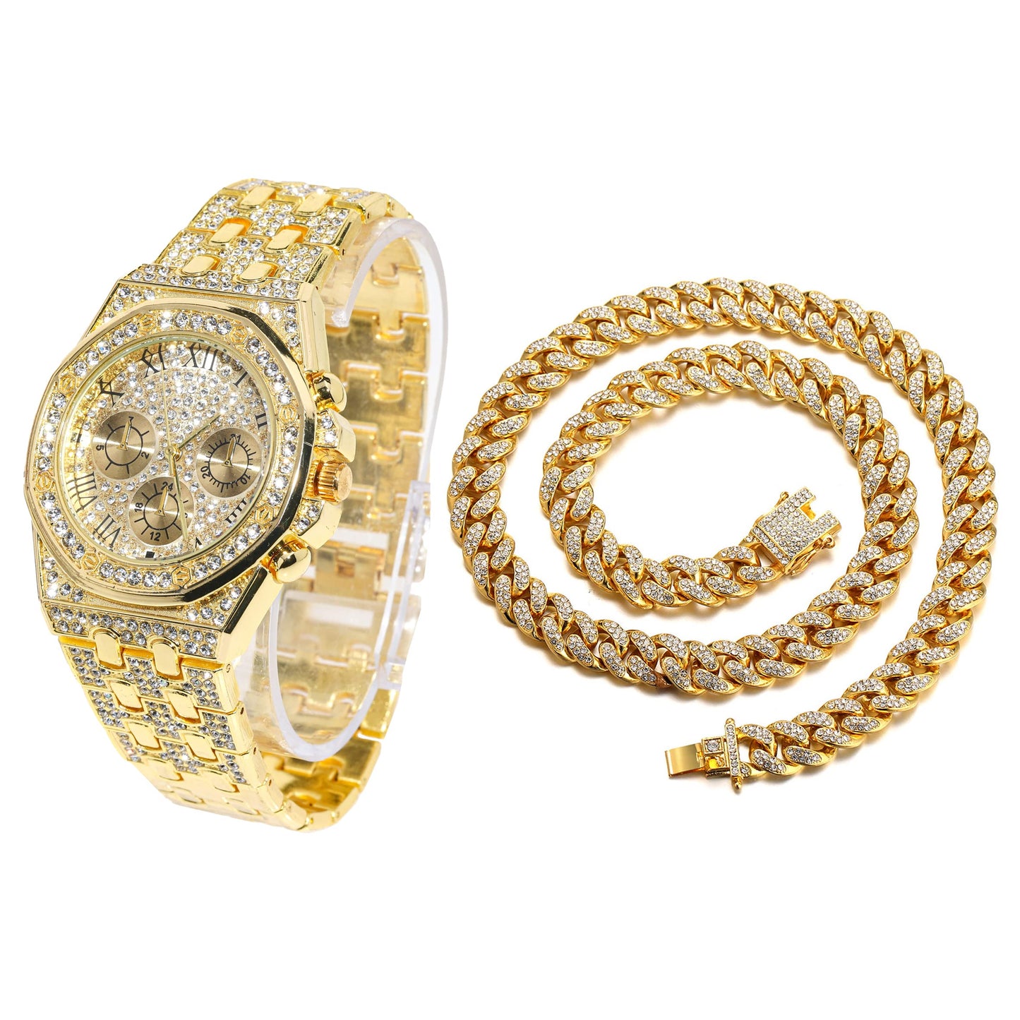 HALUKAKAH Diamonds Gold Watch, Men's 18K Real Gold Plated/White Gold Platinum 40 mm Wide Roman Numerals Dial Quartz Strap 22 cm with Cuban Link Chain 20+45 cm Necklace Bracelet with Box
