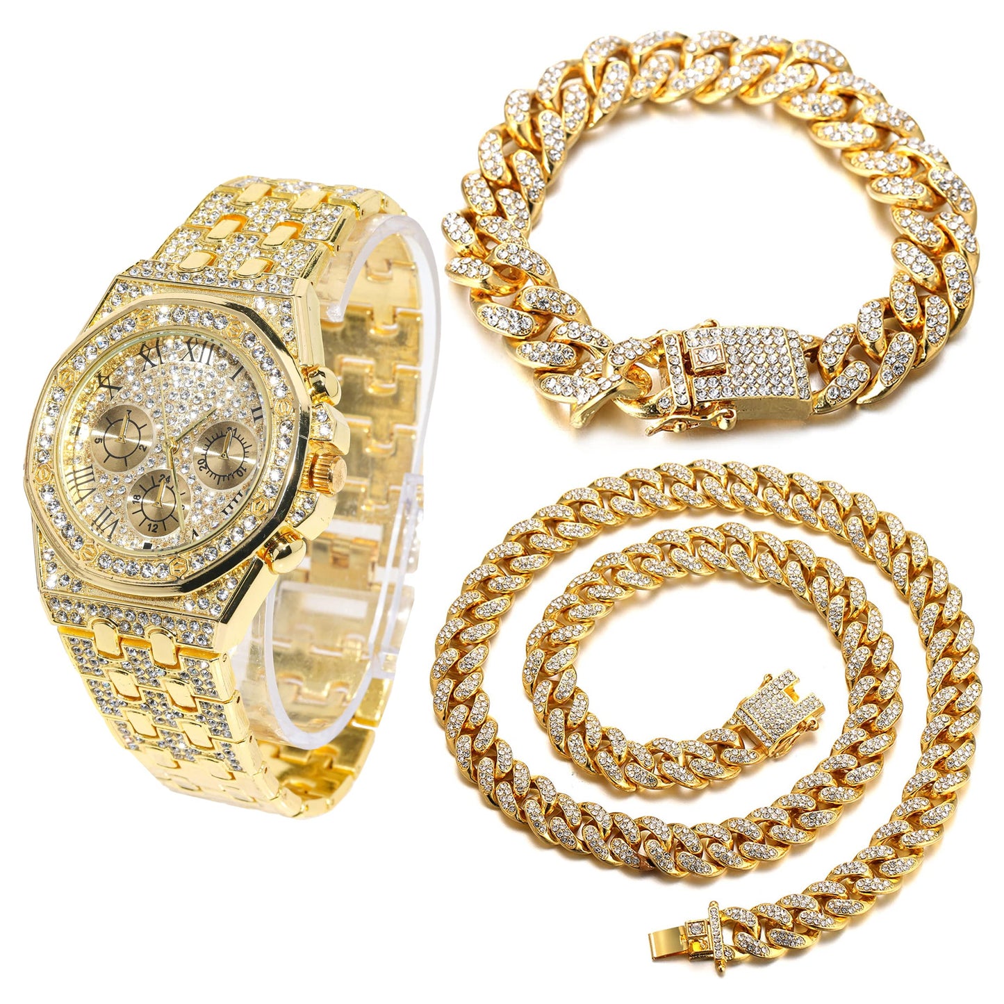 HALUKAKAH Diamonds Gold Watch, Men's 18K Real Gold Plated/White Gold Platinum 40 mm Wide Roman Numerals Dial Quartz Strap 22 cm with Cuban Link Chain 20+45 cm Necklace Bracelet with Box