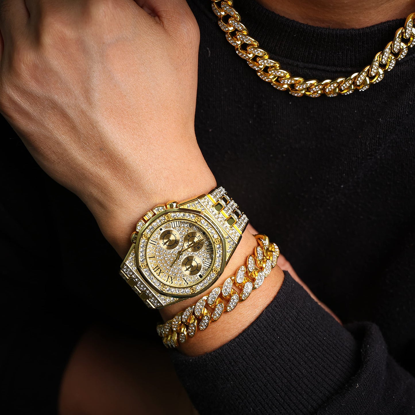 HALUKAKAH Diamonds Gold Watch, Men's 18K Real Gold Plated/White Gold Platinum 40 mm Wide Roman Numerals Dial Quartz Strap 22 cm with Cuban Link Chain 20+45 cm Necklace Bracelet with Box