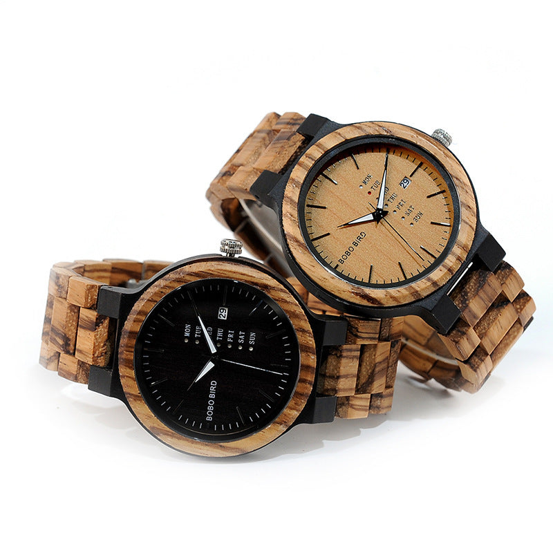 BOBOBIRD wood men's watch and day of the week date quartz watch classic two-tone wood watch