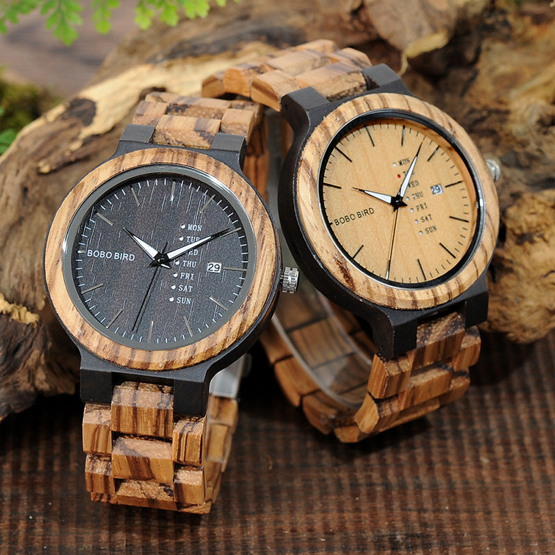 BOBOBIRD wood men's watch and day of the week date quartz watch classic two-tone wood watch