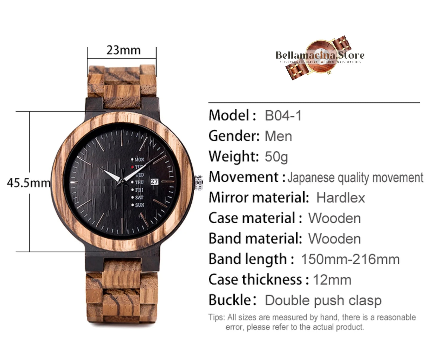Bellamacina.Store Classic Wooden Zebrano Watch with Date Display