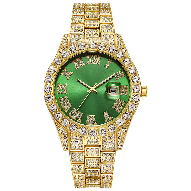 Hiphop watch European and American hot style men's steel belt hip-hop Roman scale diamond calendar men's quartz watch
