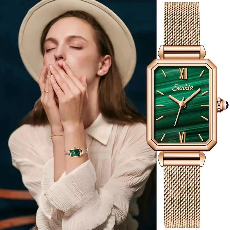 SUNKTA new mesh strap simple elegant square quartz movement calendar ladies watch ST6690