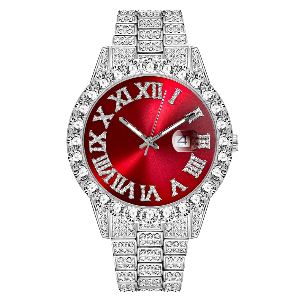 Foreign trade popular business large dial full of diamonds and sparkling steel band with calendar quartz watch (2pcs/set)