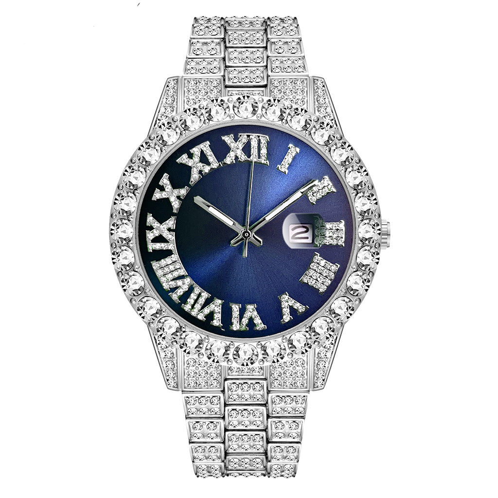 Foreign trade popular business large dial full of diamonds and sparkling steel band with calendar quartz watch (2pcs/set)