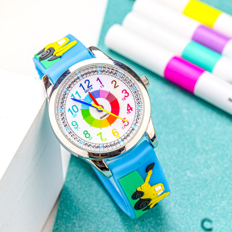 Cute elementary school student excavator watch children's fashion color circle children's waterproof quartz watch 24-hour system girl watch