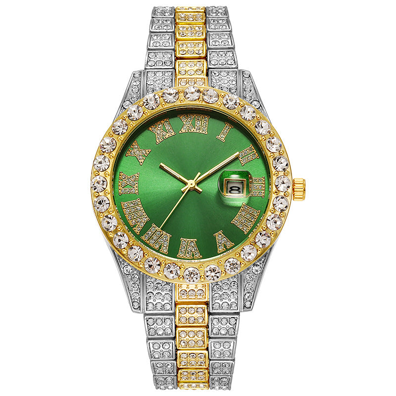 Hiphop watch European and American hot style men's steel belt hip-hop Roman scale diamond calendar men's quartz watch