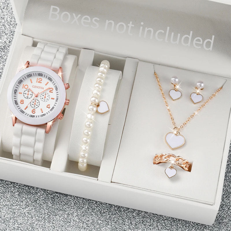 6PCS/set Women's Watch Fashion Silicone Strap Quartz Watch Pearl Heart Shape Jewelry Set (Without Box)