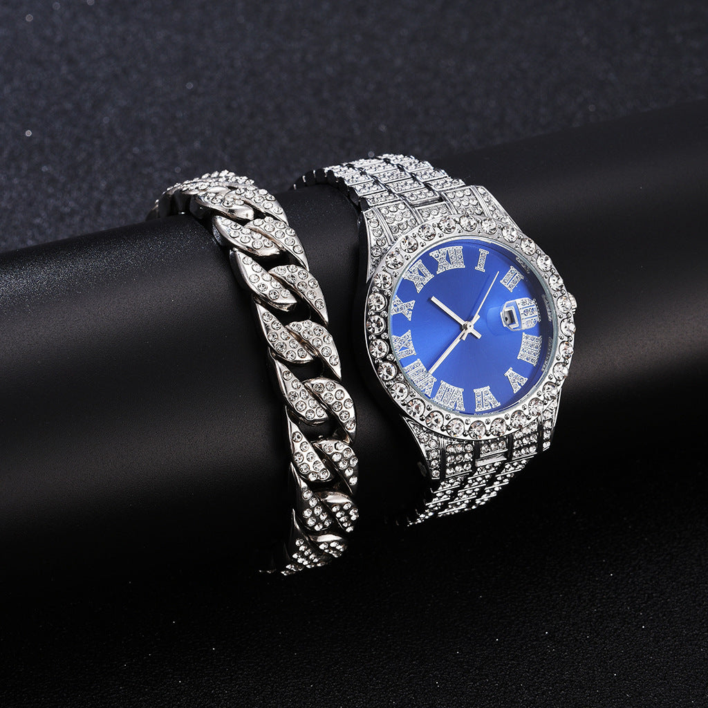 Foreign trade popular business large dial full of diamonds and sparkling steel band with calendar quartz watch (2pcs/set)