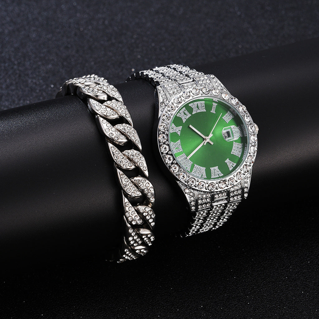 Foreign trade popular business large dial full of diamonds and sparkling steel band with calendar quartz watch (2pcs/set)
