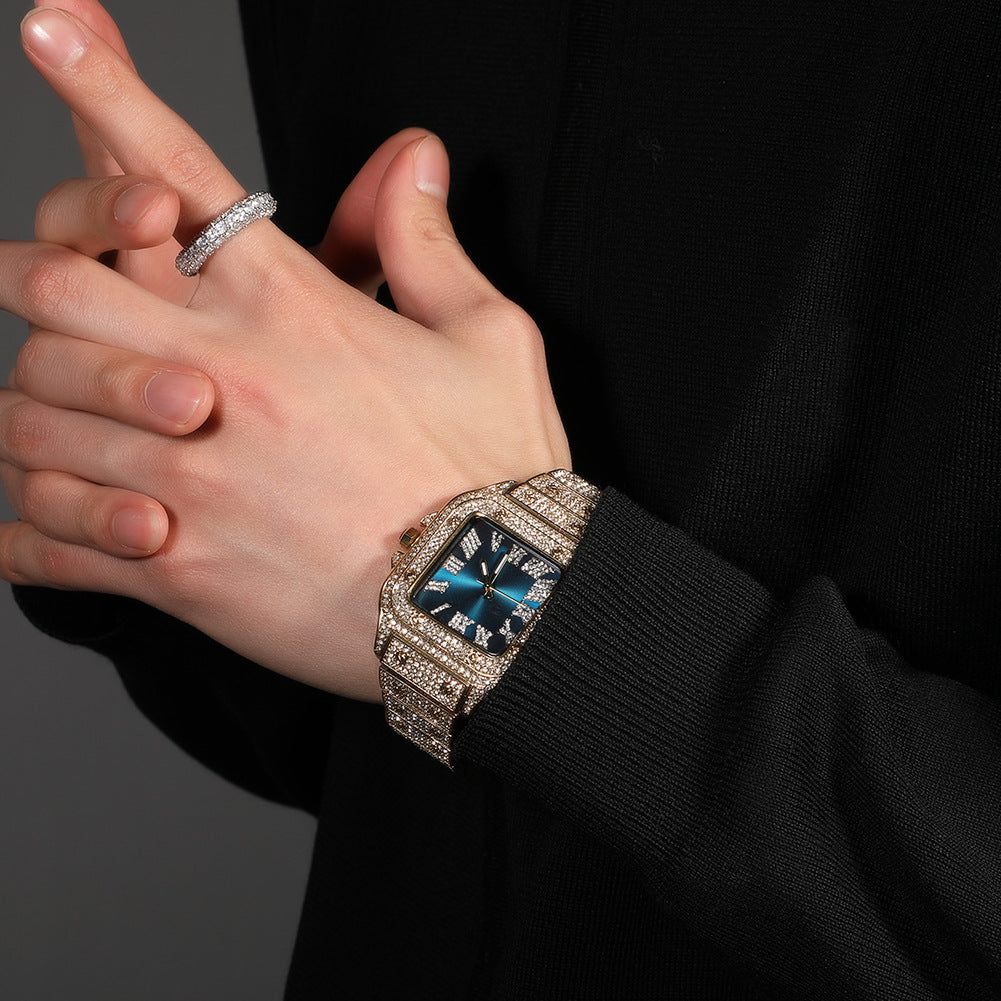 European and American hip-hop Roman scale quartz watch Fashion full diamond square dial men's watch cross-border supply
