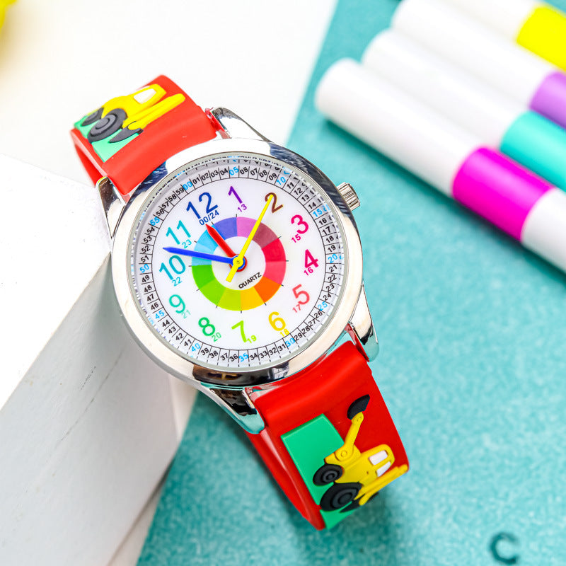Cute elementary school student excavator watch children's fashion color circle children's waterproof quartz watch 24-hour system girl watch