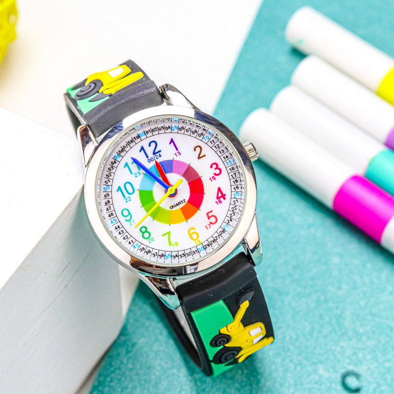 Cute elementary school student excavator watch children's fashion color circle children's waterproof quartz watch 24-hour system girl watch