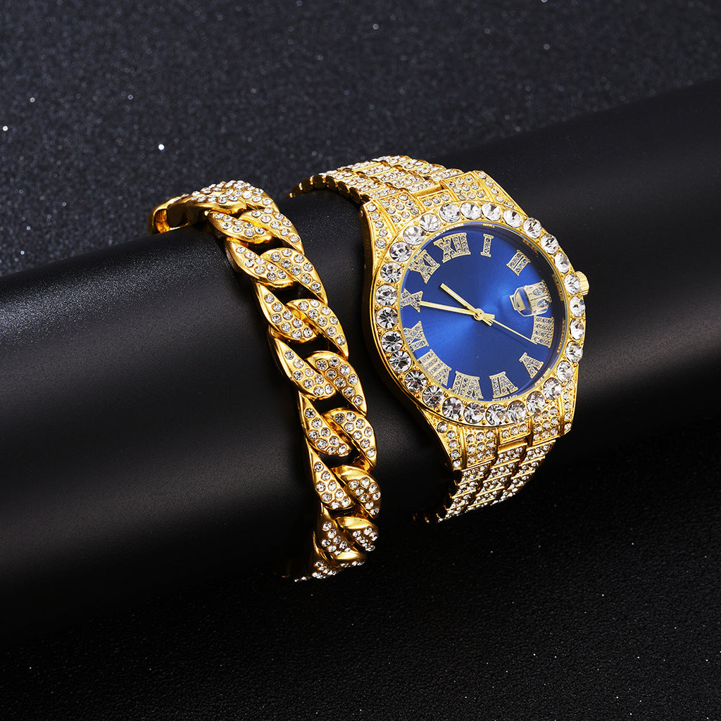 Foreign trade popular business large dial full of diamonds and sparkling steel band with calendar quartz watch (2pcs/set)