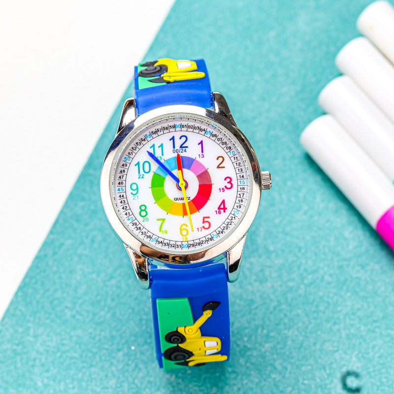 Cute elementary school student excavator watch children's fashion color circle children's waterproof quartz watch 24-hour system girl watch