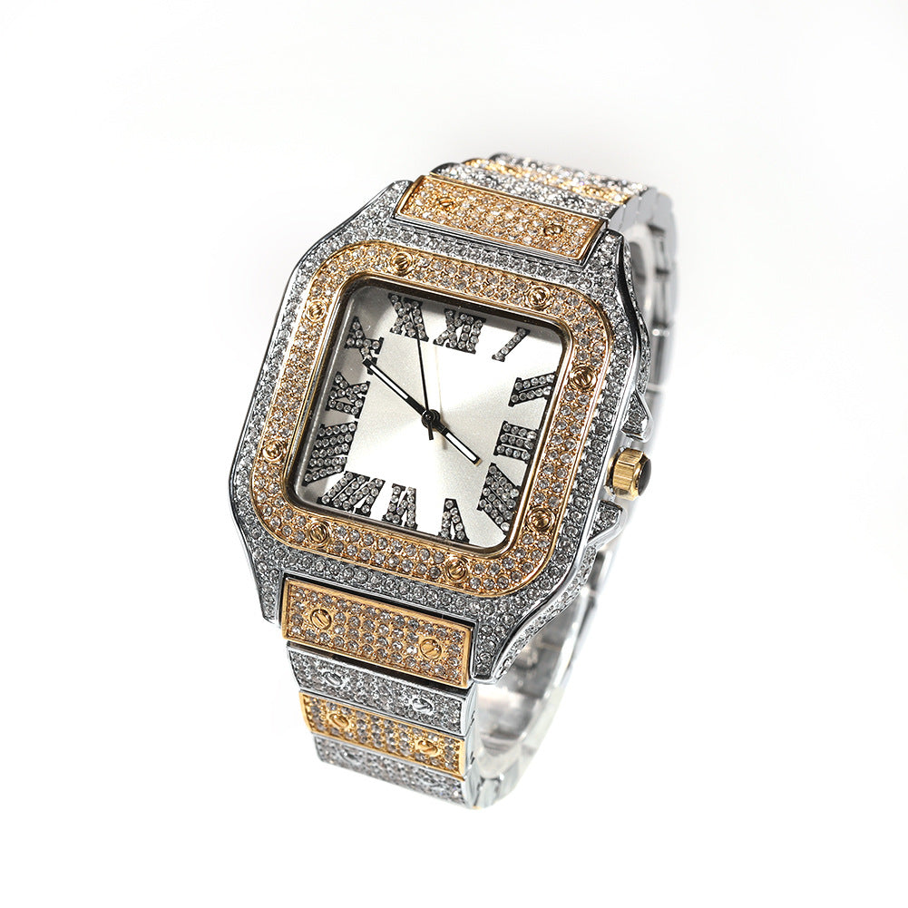 European and American hip-hop Roman scale quartz watch Fashion full diamond square dial men's watch cross-border supply