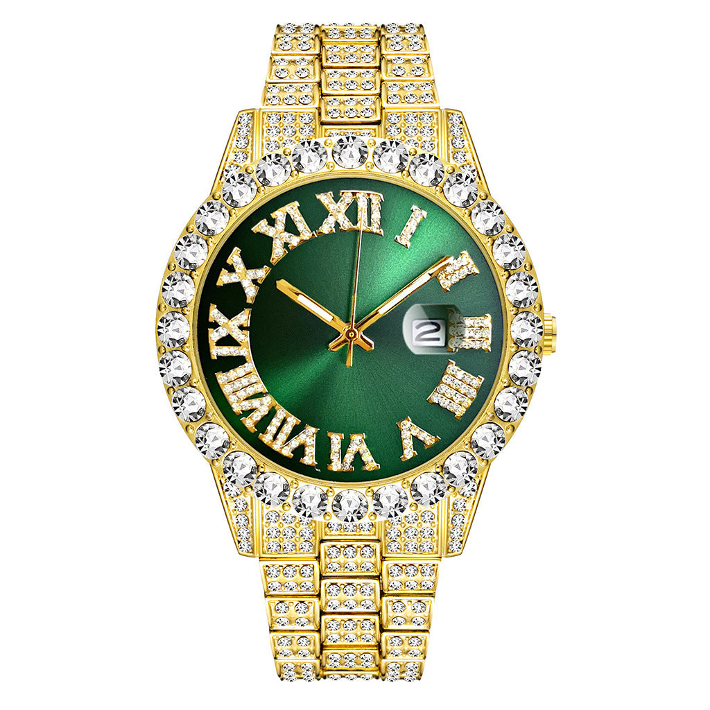 Foreign trade popular business large dial full of diamonds and sparkling steel band with calendar quartz watch (2pcs/set)