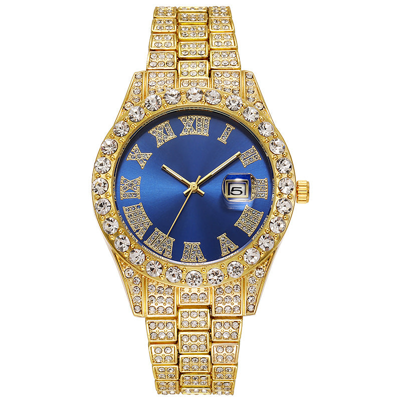 Hiphop watch European and American hot style men's steel belt hip-hop Roman scale diamond calendar men's quartz watch