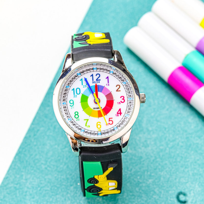 Cute elementary school student excavator watch children's fashion color circle children's waterproof quartz watch 24-hour system girl watch