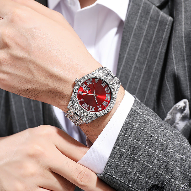 Hiphop watch European and American hot style men's steel belt hip-hop Roman scale diamond calendar men's quartz watch