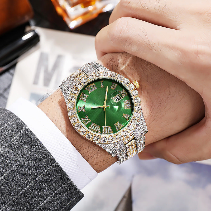 Hiphop watch European and American hot style men's steel belt hip-hop Roman scale diamond calendar men's quartz watch