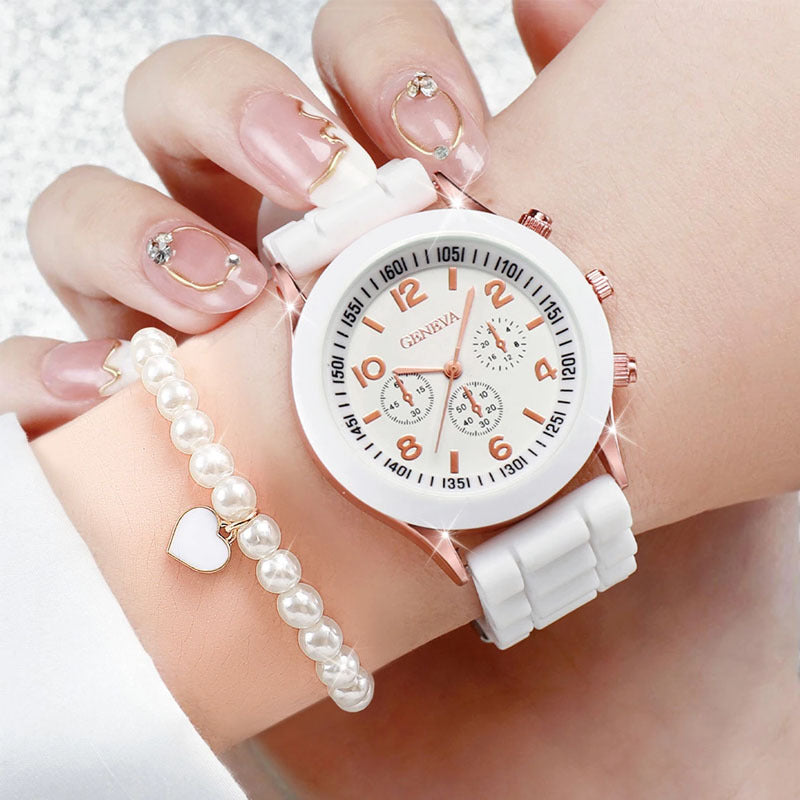 6PCS/set Women's Watch Fashion Silicone Strap Quartz Watch Pearl Heart Shape Jewelry Set (Without Box)