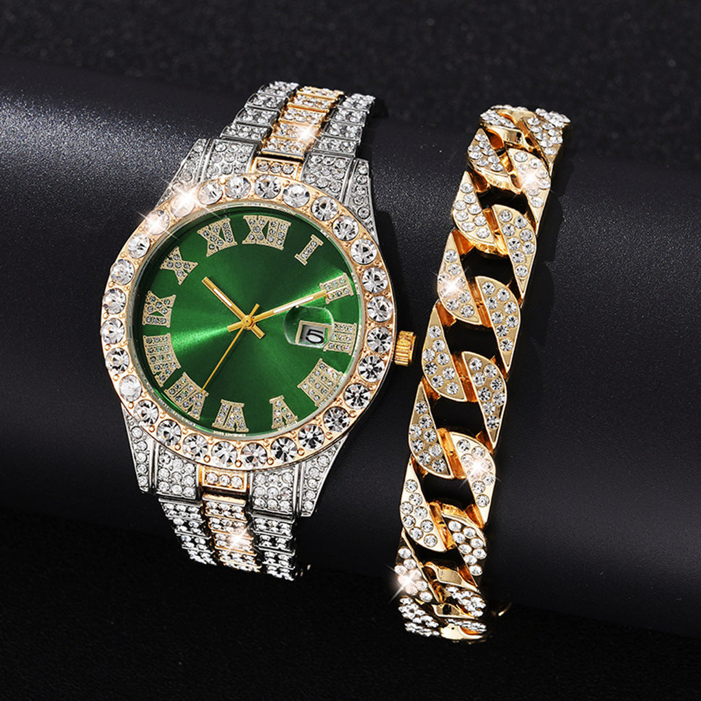 Foreign trade popular business large dial full of diamonds and sparkling steel band with calendar quartz watch (2pcs/set)