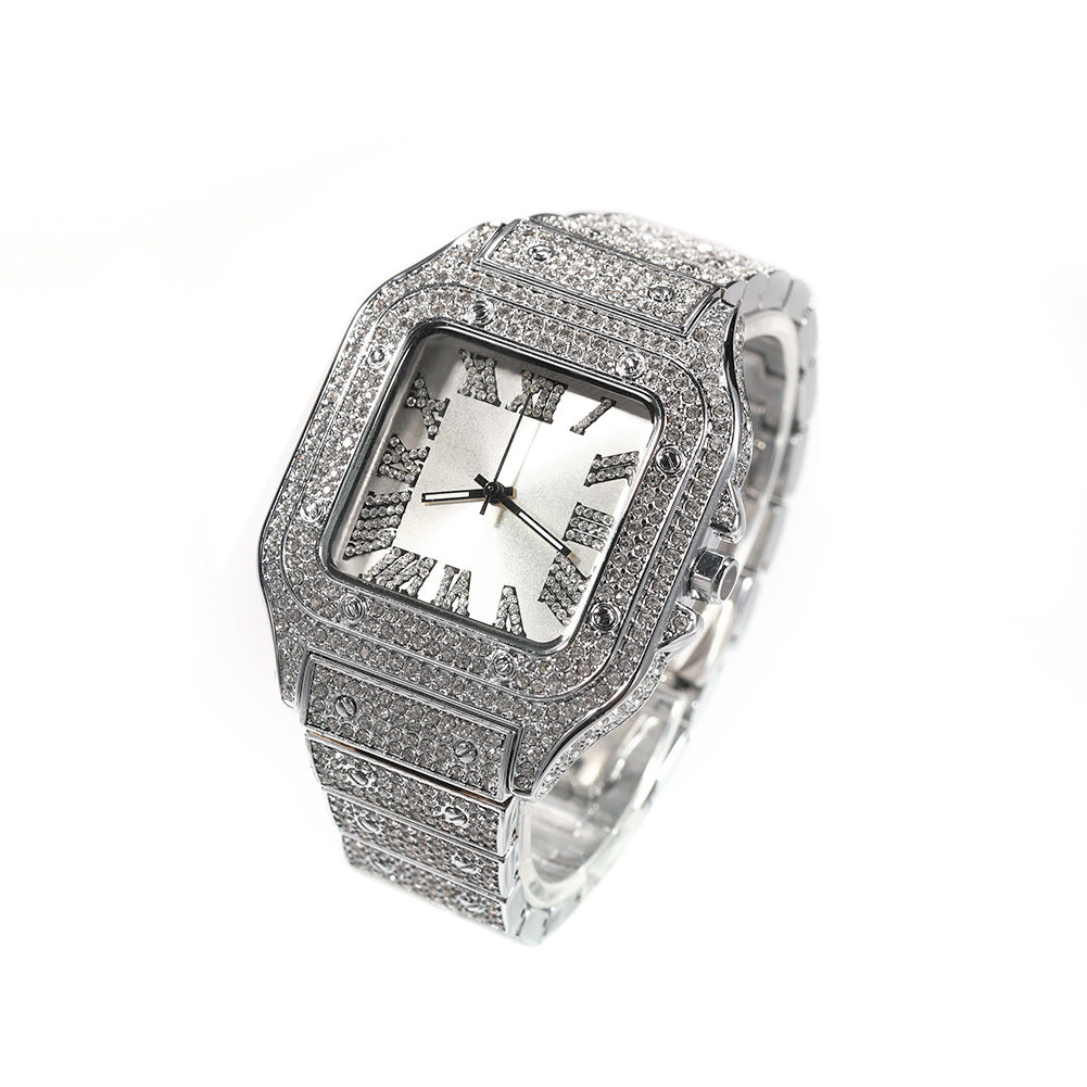 European and American hip-hop Roman scale quartz watch Fashion full diamond square dial men's watch cross-border supply