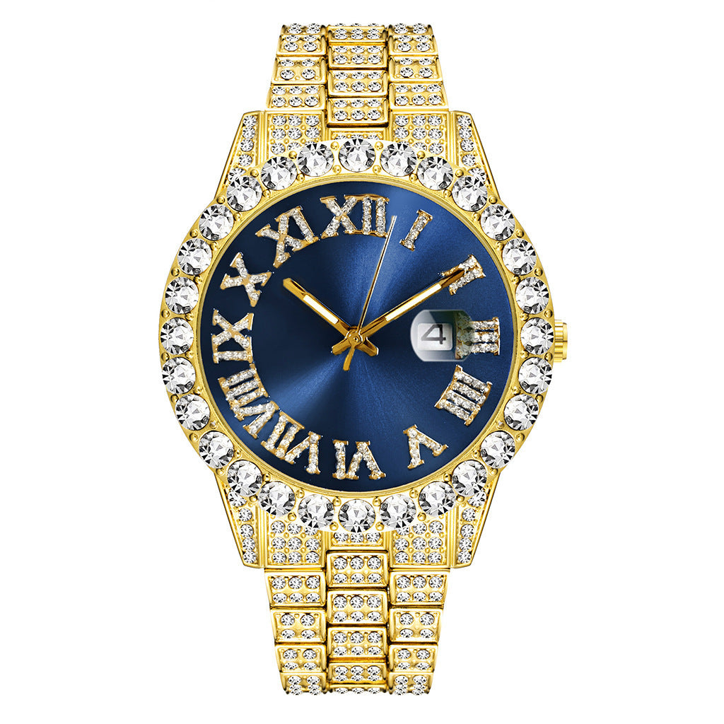 Foreign trade popular business large dial full of diamonds and sparkling steel band with calendar quartz watch (2pcs/set)