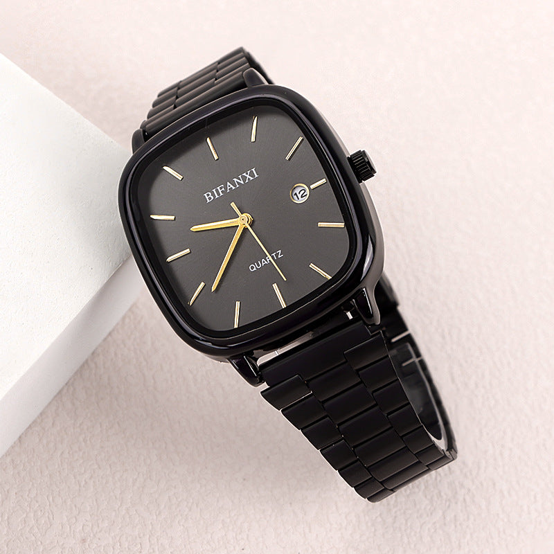 Neutral style steel band watch retro gold small square watch calendar high-end men and women commuter watch gold brick quartz watch