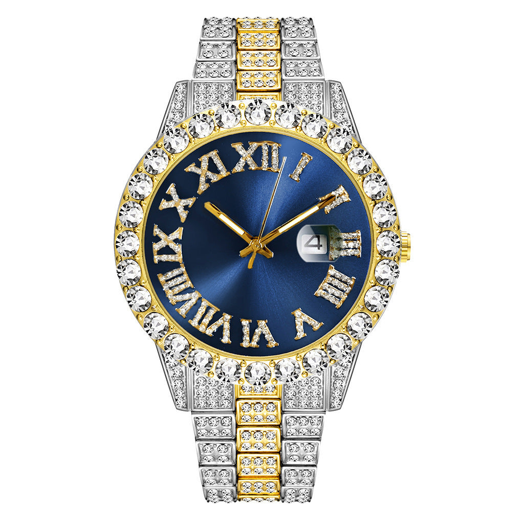 Foreign trade popular business large dial full of diamonds and sparkling steel band with calendar quartz watch (2pcs/set)