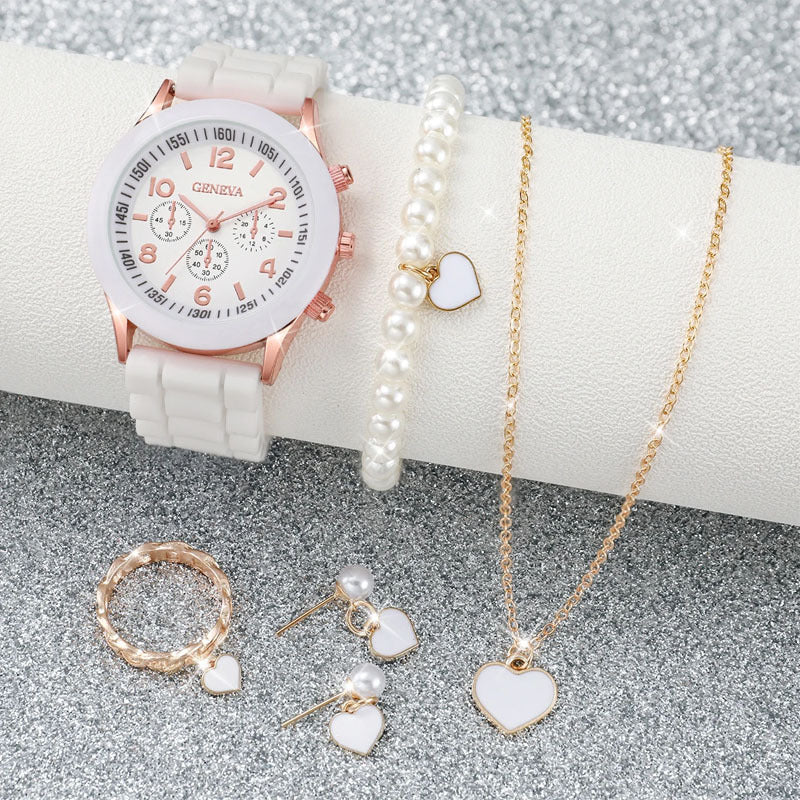 6PCS/set Women's Watch Fashion Silicone Strap Quartz Watch Pearl Heart Shape Jewelry Set (Without Box)