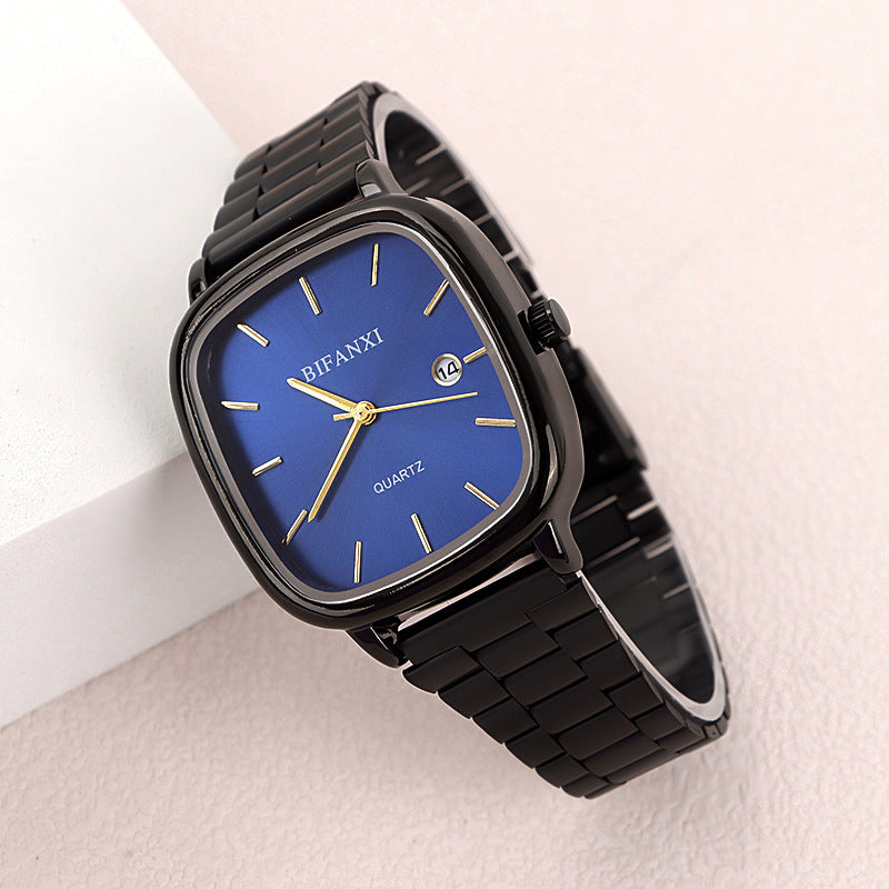 Neutral style steel band watch retro gold small square watch calendar high-end men and women commuter watch gold brick quartz watch